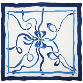 Hand-painted Silk Scarf with Blue Ribbons – 90x90 cm (AM-080)