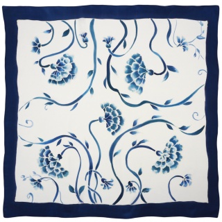 Hand-Painted Silk Scarf with Blue Flowers – 90x90 cm (AM-083)