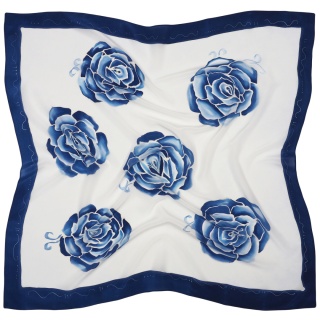 Hand-painted silk scarf with blue background and roses – 90x90 cm