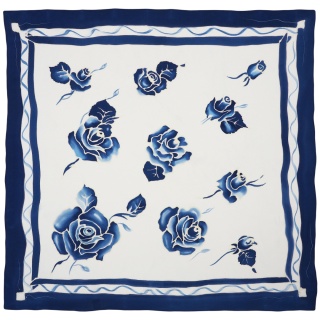 Hand-painted silk scarf with blue background and roses – 90x90 cm