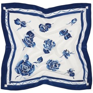 Hand-painted silk scarf with blue background and roses – 90x90 cm