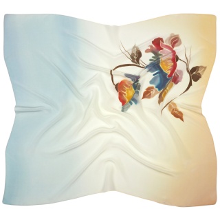 Apaszka jedwabna ręcznie malowana w kwiaty błękitno-żółta 89x81cm AM-1038