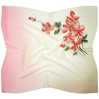 Apaszka jedwabna ręcznie malowana w kwiaty różowo-zielona 88x82cm AM-1044