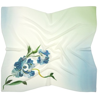 Apaszka jedwabna ręcznie malowana z kwiatem niebieska 88x80cm AM-1011