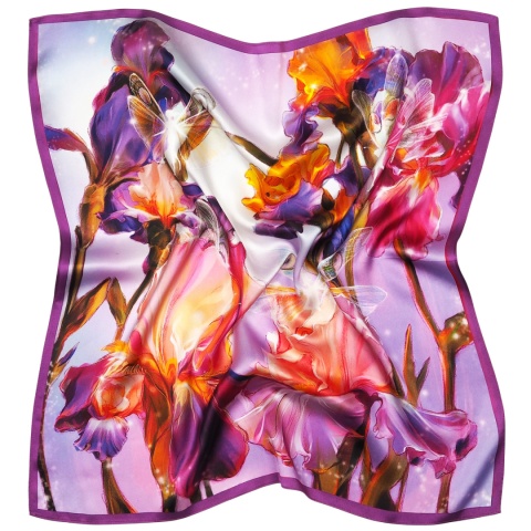 Purple Silk Scarf with Flowers and Fairy 53x53 cm AD5-010