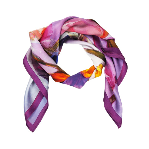 Purple Silk Scarf with Flowers and Fairy 53x53 cm AD5-010