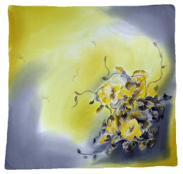 AM-221 Gray-yellow Hand Painted Silk Scarf, 90x90cm