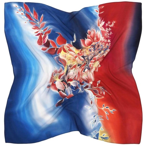 Silk scarf, hand-painted, navy blue and red flowers 70x70 AM7-197 (1)