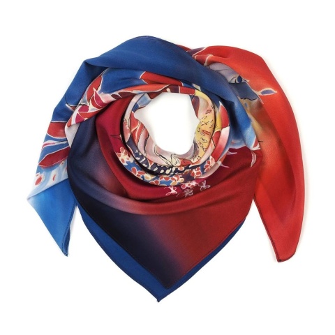 Silk scarf, hand-painted, navy blue and red flowers 70x70 AM7-197