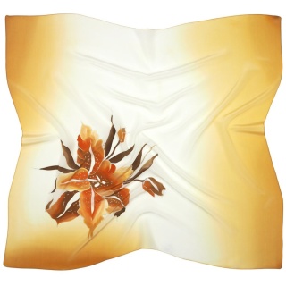 Apaszka jedwabna ręcznie malowana w kwiaty pomarańczowa 86x83cm AM-1017