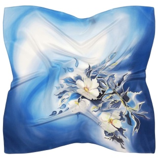Hand-painted blue silk scarf with floral design, 70x70 cm, AM7-730