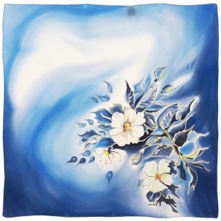 Hand-painted blue silk scarf with floral design, 70x70 cm, AM7-730