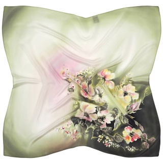 Hand-painted green silk scarf with floral design, 70x70 cm, AM7-727