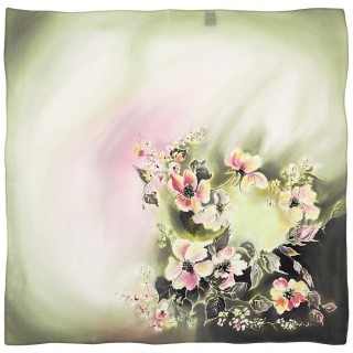 Hand-painted green silk scarf with floral design, 70x70 cm, AM7-727