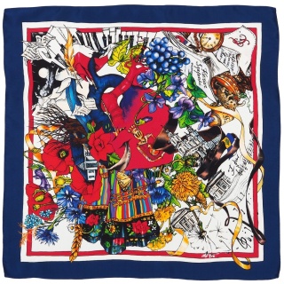 Multicoloured silk rook with Chopin motif 54x54cm CH-1033