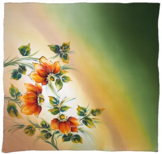 Silk scarf, hand-painted, orange and green with flowers, 55x55 cm AM5-720