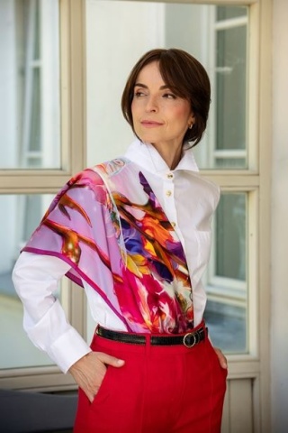 Purple Silk Scarf with Flowers and Fairy 88x88 cm AD-008