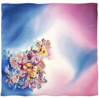 AM-060 Hand-painted Silk Scarf Flowers, 90x90 cm
