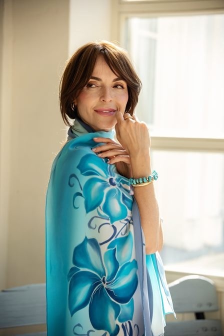 SZ-347 Blue-white hand painted silk long scarf, 170x45 cm