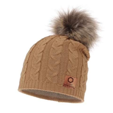 Women's wool hat beige with pompom, braid weave