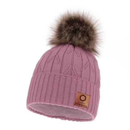 Women's winter hat with merino wool pompom purple