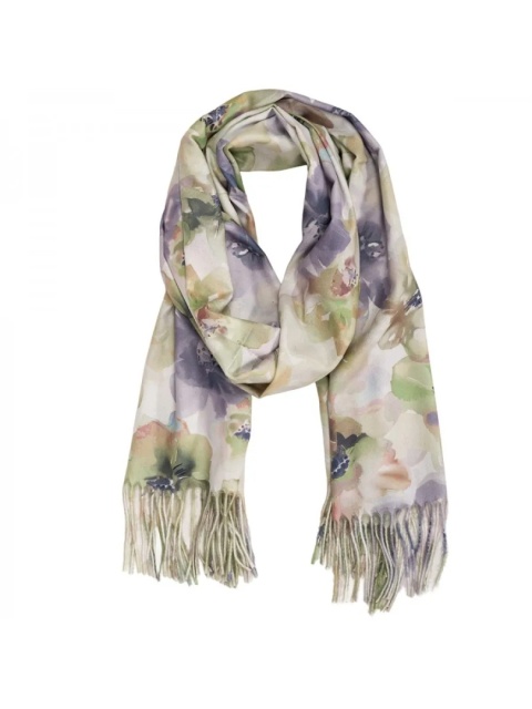 Szal zimowy w kwiaty z frędzlami zielony 200x70cm