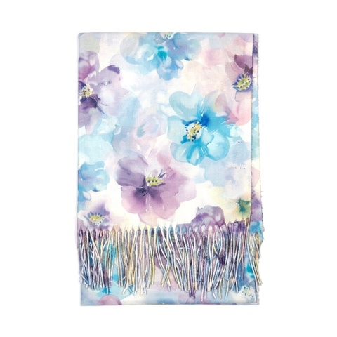 Winter scarf with floral pattern and fringes, blue, 200x70cm