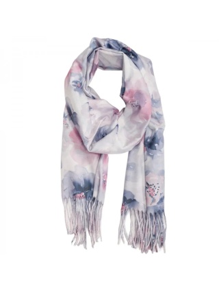 Szal zimowy w kwiaty z frędzlami szary 200x70cm