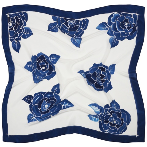 Hand-painted silk scarf with blue background and roses – 90x90 cm