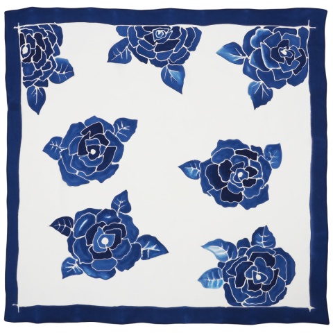 Hand-painted silk scarf with blue background and roses – 90x90 cm