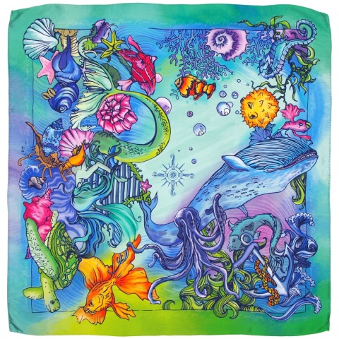 Blue and green silk satin rook with a sea motif 53x53cm AD5-009