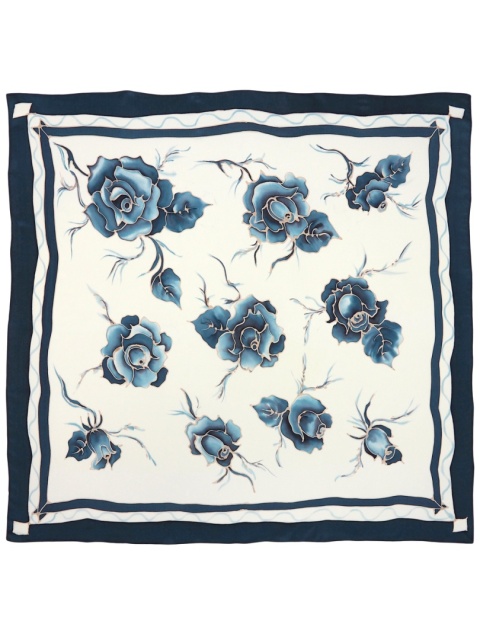 Hand-painted silk scarf with blue background and roses – 90x90 cm