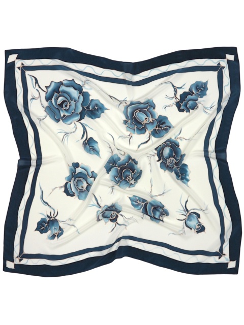 Hand-painted silk scarf with blue background and roses – 90x90 cm