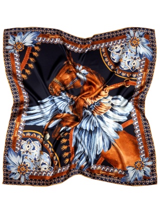 Jedwabna satynowa apaszka damska koń srebrny, 88x88 cm AD-011s