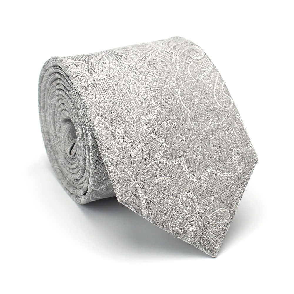 KR-009 Szary ekskluzywny krawat mski z modnym wzorem paisley 100% jedwab