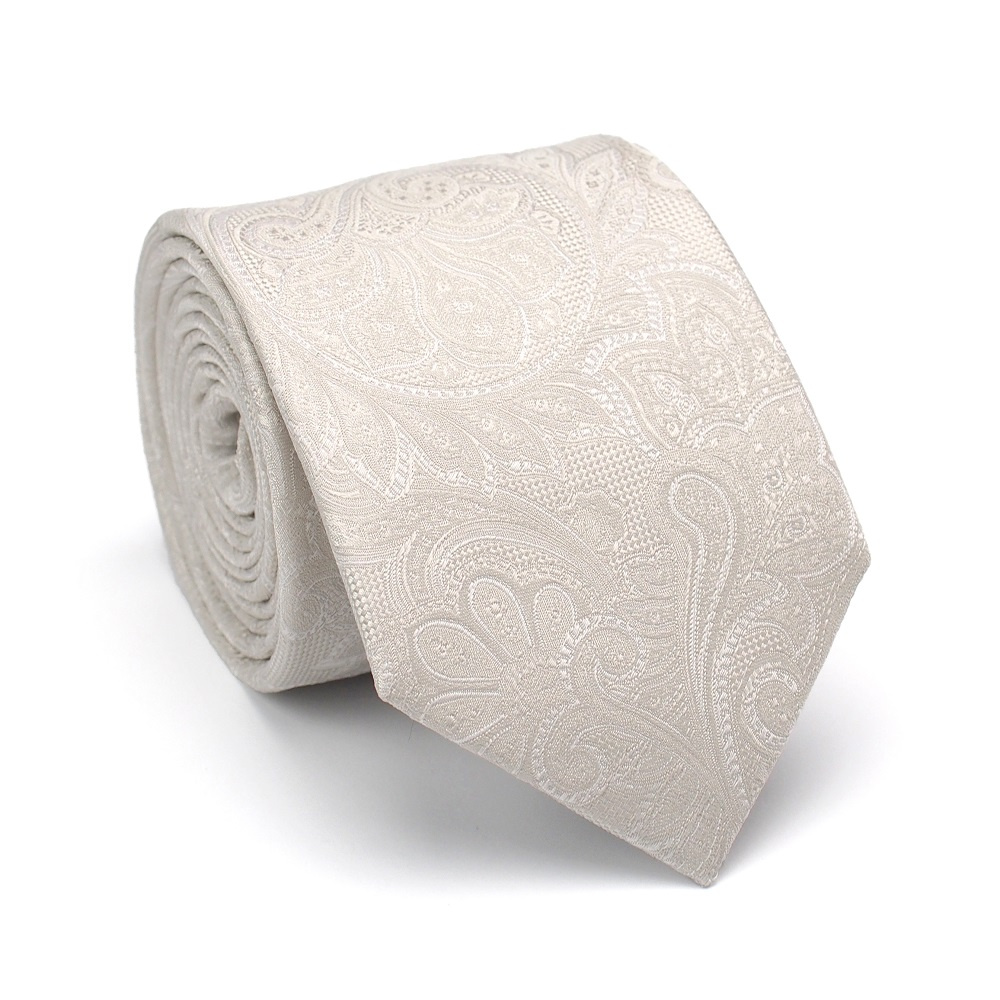 KR-010 Ecru ekskluzywny krawat mski z modnym wzorem paisley 100% jedwab