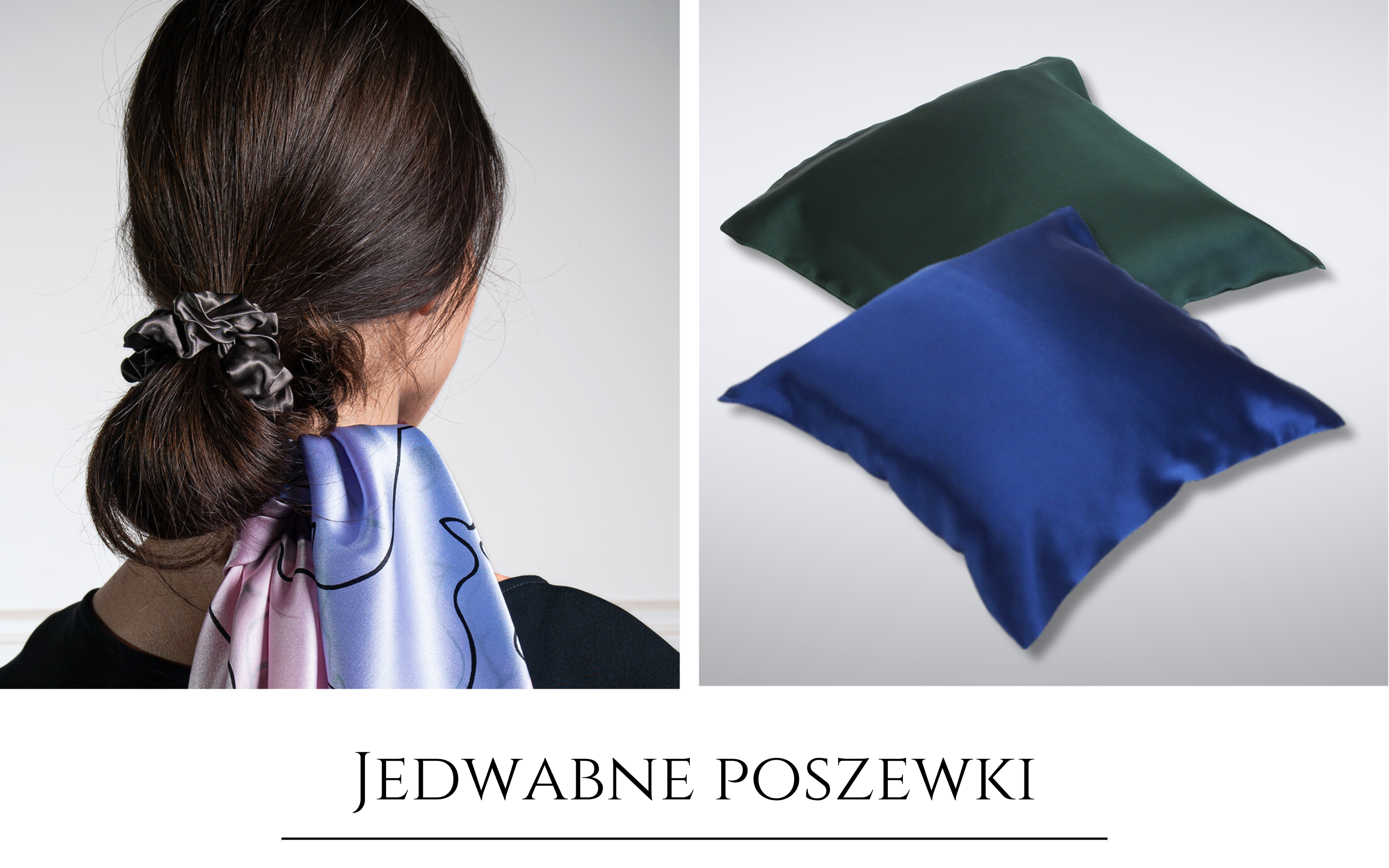 Zdjęcie jedwabnej poszewki na poduszkę oraz jedwabnej gumki na włosach