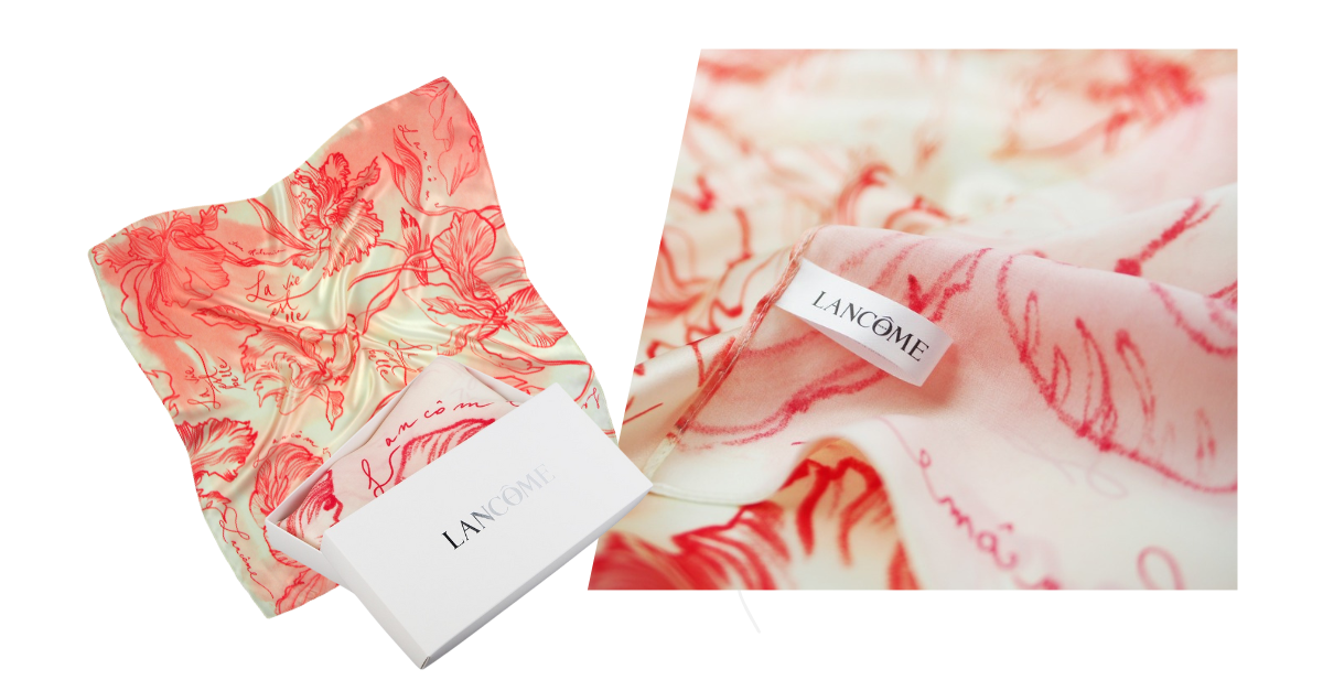 personalizowane apaszki, upominki dla klientów, Lancome, Luma Milanówek